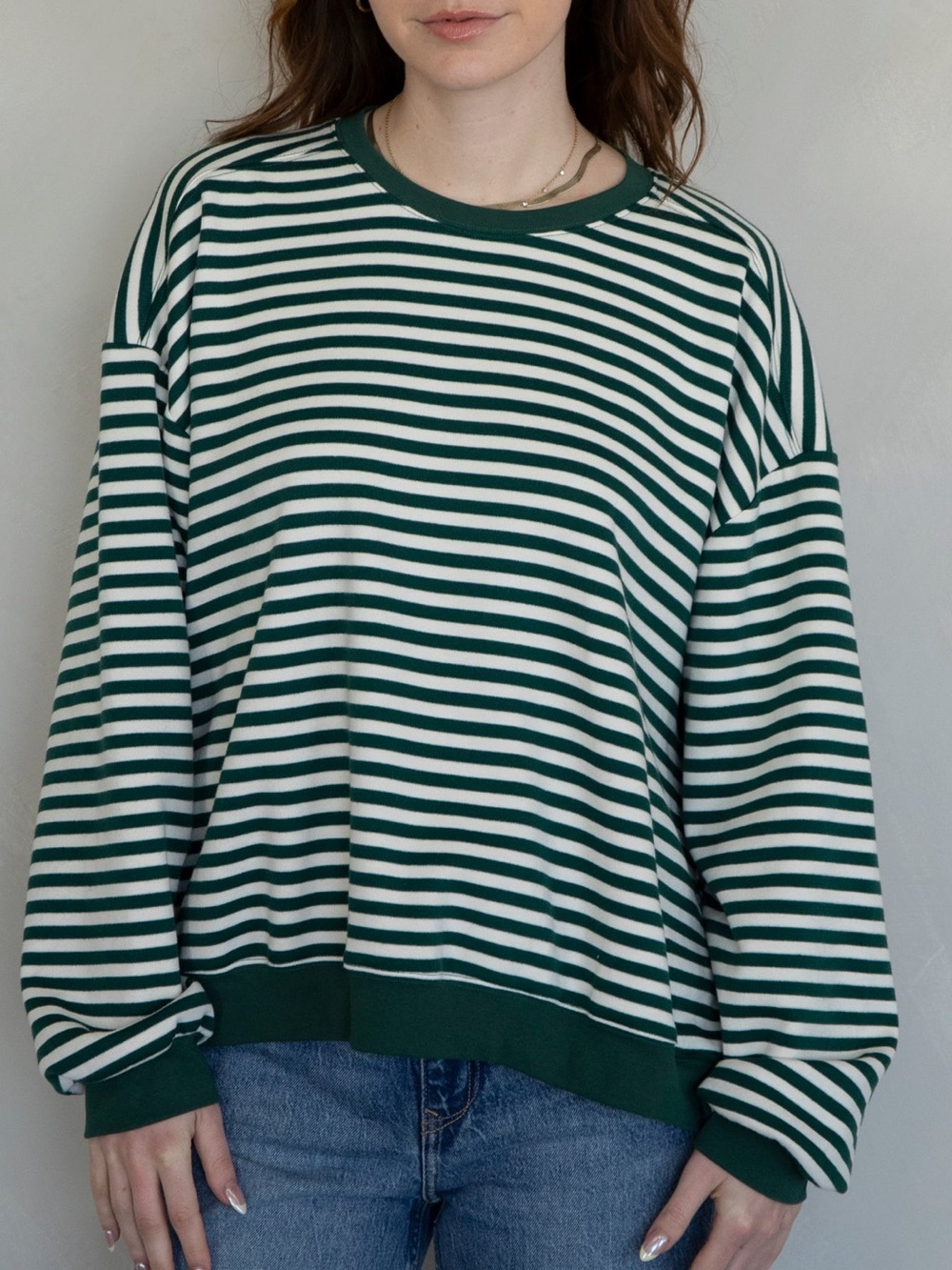 Things Between Carson sweatshirt green ivory striped size medium